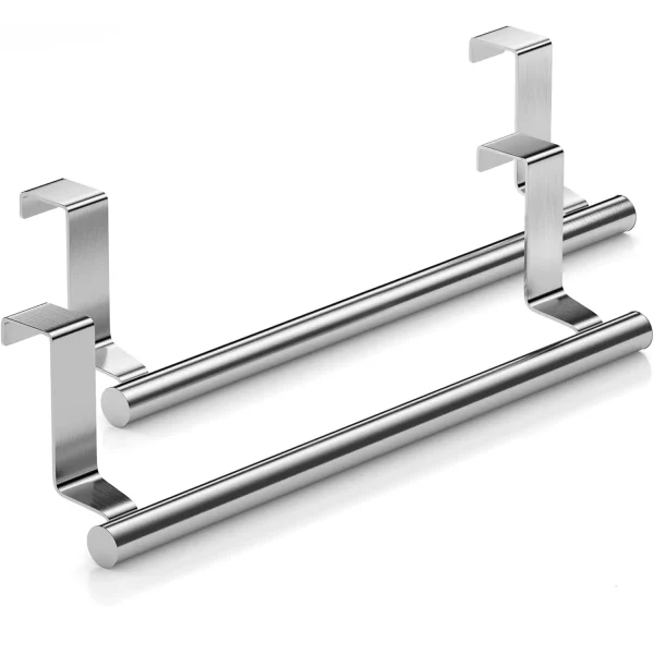 Stainless Steel Over Door Towel Rack Bar Holders for Universal Fit on Over Cabinet Cupboard Doors 2 Pack (Sliver)
